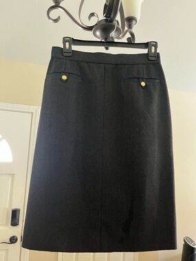 Vintage CHANEL Black Wool Gabardine Skirt Gold Logo Buttons